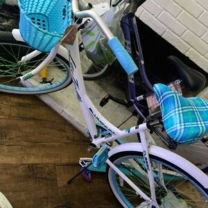 White and Blue Cruiser Bike with Plaid Seat